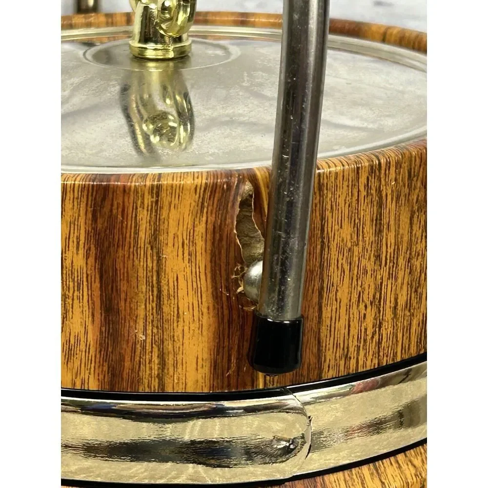 Vintage‎ Ice Bucket Faux Wood Insulated Barware Goldtone Banded Handle Pail